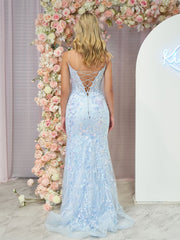 Straps Sky Blue V-Neck Sequin Appliques Mermaid Prom Dress