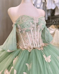 Ball Gown Sage Green Tulle Quinceanera Dress With Butterflies