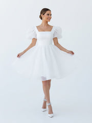 A-Line Square-Neck Short Wedding Dress With Puffy Pearls Sleeves