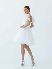 A-Line Square-Neck Short Wedding Dress With Puffy Pearls Sleeves