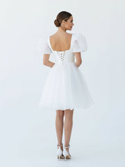 A-Line Square-Neck Short Wedding Dress With Puffy Pearls Sleeves