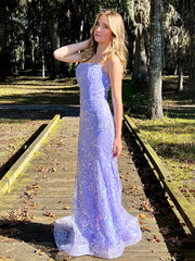 Mermaid Spagehtti Straps Lilac Lace Sequin Long Prom Dresses