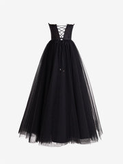 Black A Line Sweetheart Corset Tulle Prom Dress with Slit