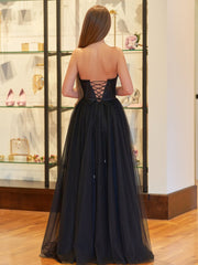 Black A Line Sweetheart Corset Tulle Prom Dress with Slit