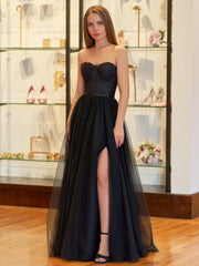 Black A Line Sweetheart Corset Tulle Prom Dress with Slit
