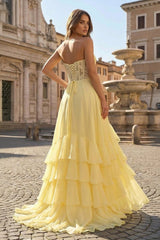 Yellow - Strapless Chiffon Ruffled A Line Long Prom Dresses With Appliques