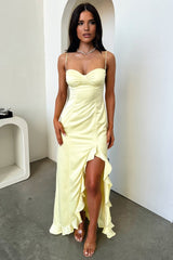 Yellow Sheath Satin Sweetheart Long Prom Dresses with Ruffles