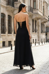 Black - Strapless Sheath Chiffon Ankle Length Prom Dress With Slit