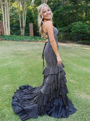Black V Neck Mermaid Long Prom Dress With Beading