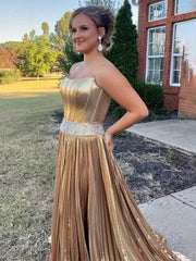 Metallic Gold Strapless Beaded Prom Dress with Slit