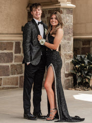 Orange One Shoulder Sequins Mermaid Prom Dresses with Slit