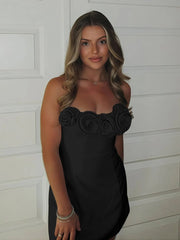 Black - Strapless Satin Sheath Short Homecoming Dresses With Flowers