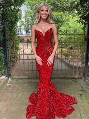 Red Mermaid Strapless Neck Sequins Long Prom Dresses