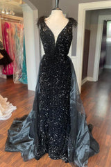 V-Neck Red Sequin Feathers Long Prom Dress with Cape