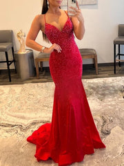 Mermaid V Neck Glitter Satin Prom Dress