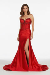 Red Spaghetti Straps Mermaid Satin Sequined Long Formal Prom Dresses With Slit