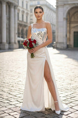 White One Shoulder Square Neck Mirror-Cut Sequins Prom Dress With Slit