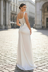 White One Shoulder Square Neck Mirror-Cut Sequins Prom Dress With Slit