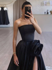 Black Strapless Satin Long Prom Dress With High Split