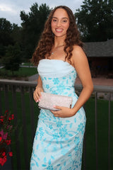 Blue Strapless Sheath Floral Sequins Long Prom Dresses