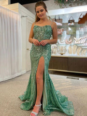 Green Spaghetti Straps Sequins Mermaid Prom Dress with Slit
