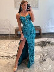 Sparkly Sheath V Neck Sequins Long Prom Dresses With Split