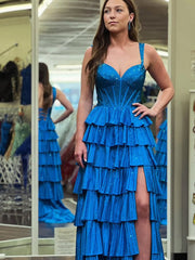 A Line Off-the-Shoulder Satin Tiered Long Prom Dresses With Beads