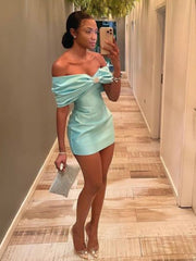 Aqua - Off The Shoulder Satin Bodycon Short Homecoming Dress With Beading