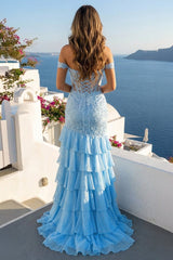 Blue Off The Shoulder Mermaid Chiffon Ruffled Formal Prom Dresses With Appliques