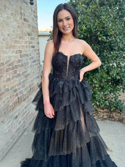 Black Strapless A Line Tulle Prom Dress With Appliques