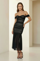 Black Spaghetti Straps Sheath Tulle Pleated Ankle Length Prom Dresses