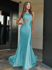 Champagne One-Shoulder Mermaid Satin Long Prom Dress