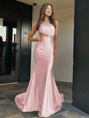 Champagne One-Shoulder Mermaid Satin Long Prom Dress