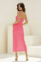 Coral Strapless Sleeveless Sheath Pleated Formal Prom Dresses With Slit