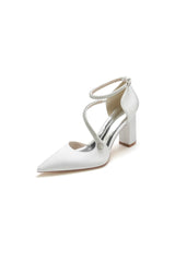 White Satin Pump with Cross-Strap and Beaded Buckle