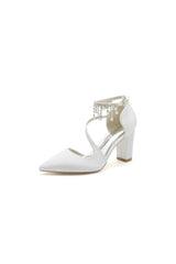 White Satin Pump with Pearl-Embedded Chain Heel