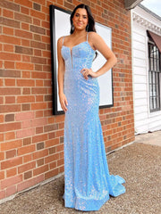 Mermaid Sky Blue Sequin Long Prom Dress