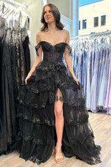 Black Off the Shoulder Lace Appliques Tiered Prom Dress with Slit