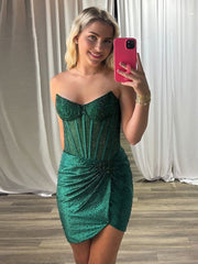 Dark Green - Strapless Satin Bodycon Mini Party Dresses With Beading