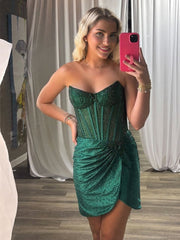 Dark Green - Strapless Satin Bodycon Mini Party Dresses With Beading