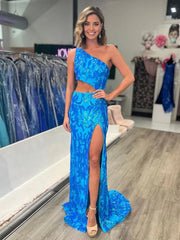 Mermaid One Shoulder Keyhole Sequins Lace Long Prom Dresses with Slit