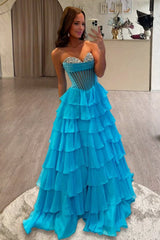 Azure - Strapless A Line Chiffon Ruffled Formal Prom Dresses With Beading