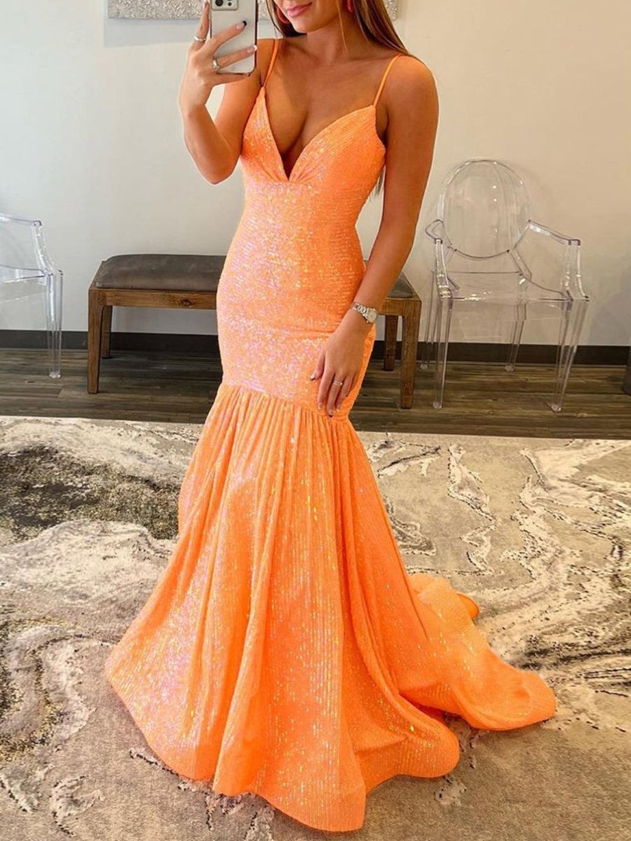 Mermaid Orange V Neck Sequins Prom Dress