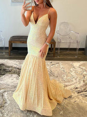 Mermaid Orange V Neck Sequins Prom Dress