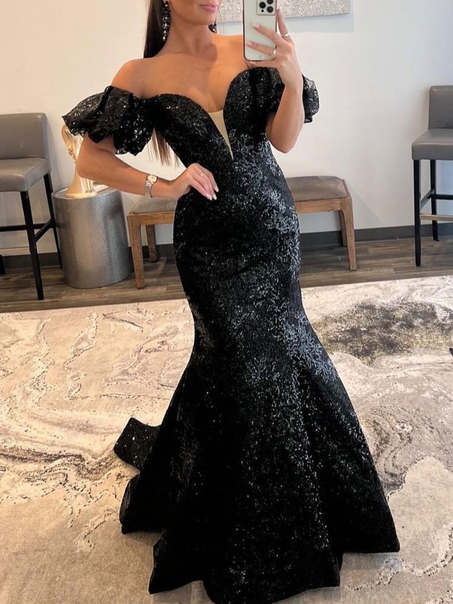 Black Off The Shoulder Sequins Long Mermaid Prom Dress