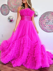 A-Line Strapless Pink Tiered Long Tulle Prom Dress