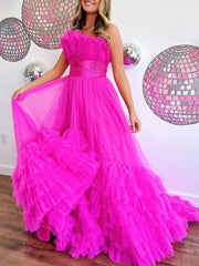 A-Line Strapless Pink Tiered Long Tulle Prom Dress