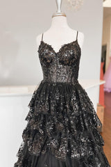 A Line Spaghetti Straps Tiered Lace Prom Dress
