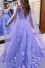 Lavender 3D Floral Lace A-Line Prom Dress with Cape Sleeves