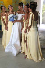 Sheath Straps Yellow Satin Long Bridesmaid Dresses with Slit